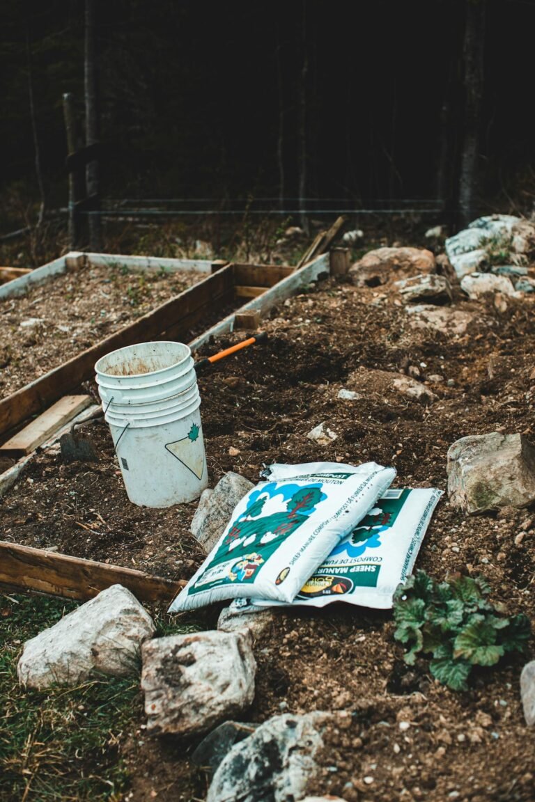 Bags, Stones and Bucket on Ground