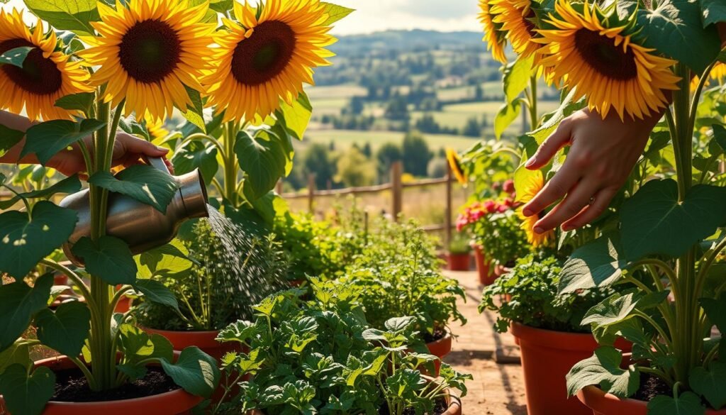 watering vegetable garden in pots