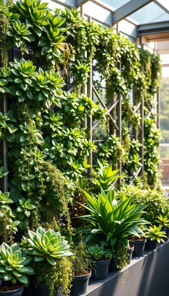 A detailed, botanically-accurate vertical garden wall displaying an array of lush, thriving plants in an airy, sun-dappled setting. The foreground features a neatly-arranged selection of potted succulents, trailing vines, and compact leafy greens. The middle ground showcases an elegantly-designed modular garden panel system, its metallic frames complementing the verdant foliage. In the background, a tranquil outdoor scene with soft, diffused lighting accentuates the garden's integration into its surroundings. The overall composition conveys a sense of harmony, practicality, and the rewarding experience of cultivating a self-sustaining, space-efficient vertical garden.