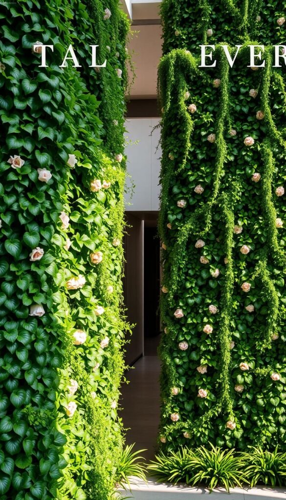 A lush, verdant vertical garden wall adorns the foreground, its layers of cascading foliage and blossoms creating a striking visual display. The middle ground features a sleek, minimalist architectural backdrop, with clean lines and neutral tones that complement the vibrant greenery. Soft, natural lighting filters through the scene, casting a warm, serene ambiance. The overall composition emphasizes the harmonious integration of nature and modern design, showcasing the captivating appeal of the vertical garden wall trend.