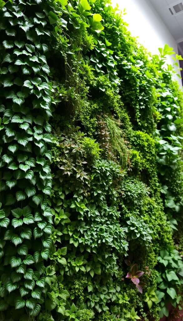 A lush, verdant vertical garden wall, showcasing a diverse array of thriving plants cascading down the surface. In the foreground, a selection of trailing vines, such as English ivy and Boston fern, intertwine gracefully. The middle ground features compact, bushy plants like sedum and echeveria, creating a textured tapestry. In the background, taller, upright species like philodendron and pothos add depth and dimension to the scene. Soft, diffused lighting illuminates the vibrant foliage, casting gentle shadows that accentuate the sculptural forms. The overall composition emanates a sense of serene, natural harmony, inviting the viewer to imagine the tranquil ambiance of this vertical garden oasis.