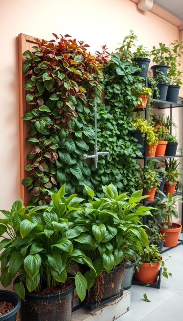 A vertical garden wall with various planting mistakes, shot in a bright, airy studio setting. In the foreground, overwatered plants with drooping leaves and soil erosion. In the middle ground, a poorly installed irrigation system with leaks. In the background, a cluttered arrangement of mismatched containers and plants, some overcrowded and others struggling. Warm, even lighting from above illuminates the scene, highlighting the issues with clarity. A cautionary tale of common vertical gardening pitfalls, captured with a clean, documentary-style approach.