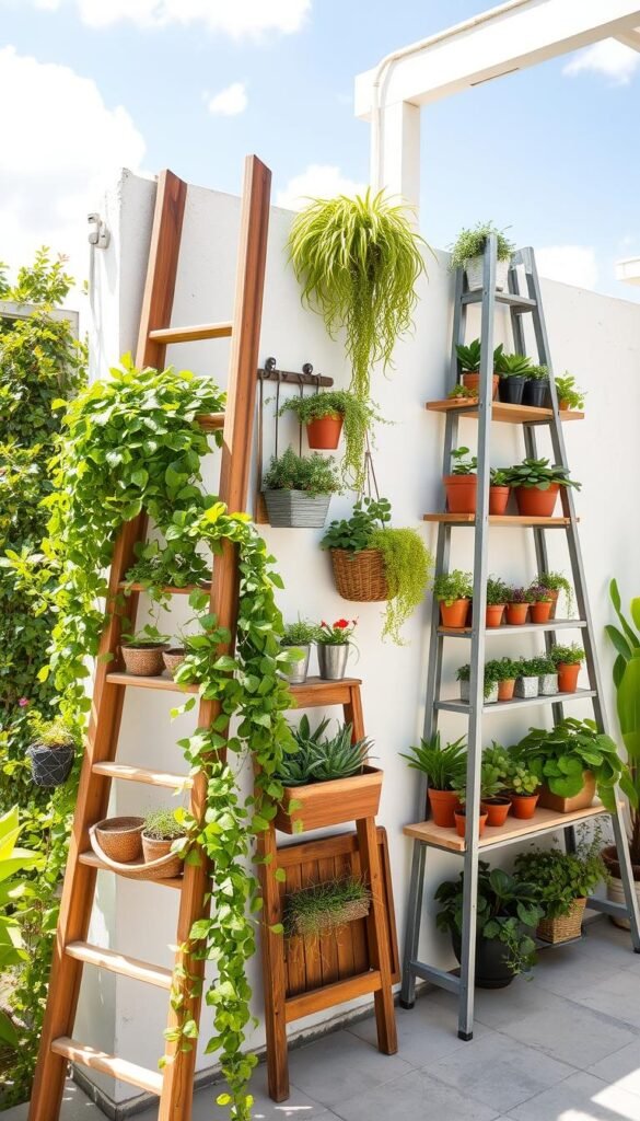 A well-lit, airy vertical garden adorned with repurposed ladders and recycled materials. In the foreground, a sturdy wooden ladder draped with lush, cascading greenery, its rungs transformed into plant shelves. Behind it, a metal ladder propped against a whitewashed wall, its steps housing an array of colorful potted succulents and herbs. The middle ground features a mix of hanging baskets, wall-mounted planters, and tiered shelving units made from reclaimed wood and galvanized steel, creating a harmonious, eco-friendly display. The background showcases a sun-dappled outdoor setting, with a glimpse of verdant foliage and a cloudless azure sky, exuding a sense of tranquility and organic beauty.