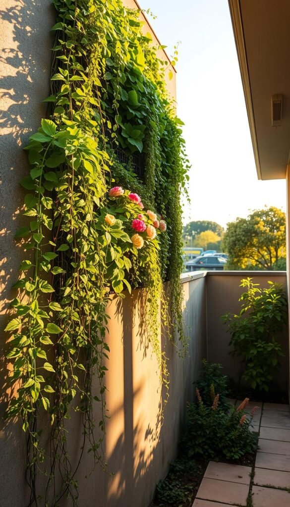 An outdoor vertical garden with lush, cascading foliage adorning a modern concrete wall. The scene is bathed in warm golden sunlight, casting long shadows and creating a serene, tranquil atmosphere. The verdant plants, ranging from trailing vines to vibrant flowers, are artfully arranged in a harmonious, visually striking display. The garden is situated in a peaceful, private courtyard, with a glimpse of the sky and distant trees in the background, creating a sense of connection to nature. The overall composition emphasizes the beauty and versatility of vertical gardening, showcasing its potential to transform urban spaces into verdant, rejuvenating oases.