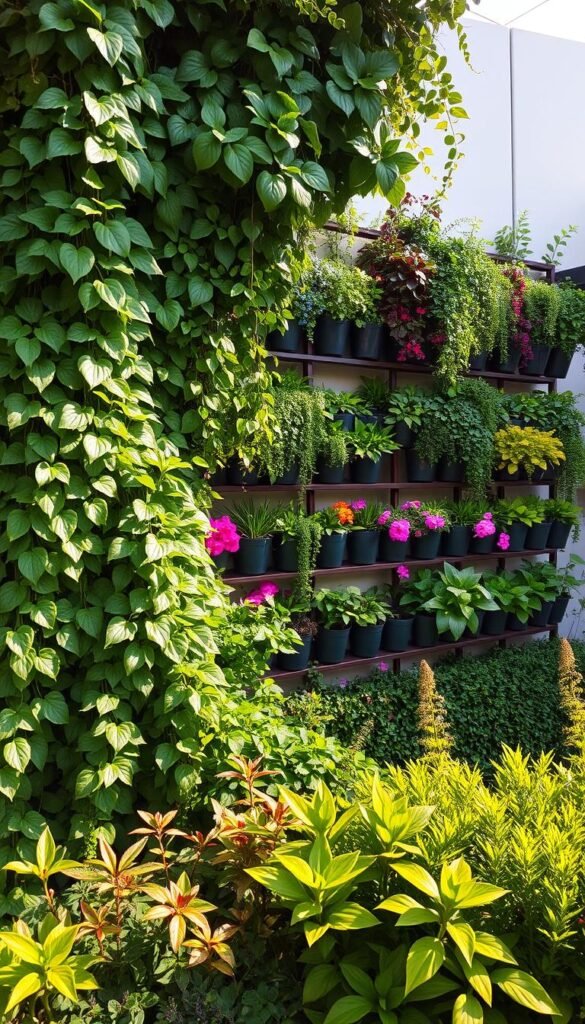 Lush, verdant vertical garden featuring a harmonious arrangement of cascading foliage and vibrant, diverse plant species. The scene is bathed in warm, natural lighting that accentuates the rich textures and vibrant hues of the flora. In the foreground, a carefully curated selection of trailing vines, leafy shrubs, and flowering plants create a visually striking composition. The middle ground showcases a structured grid-like layout of potted plants, each contributing to the overall aesthetic. In the background, a sleek, minimalist wall serves as a canvas for this living masterpiece, allowing the verdant display to take center stage. The image conveys a sense of serenity, balance, and a deep appreciation for the principles of vertical garden design.
