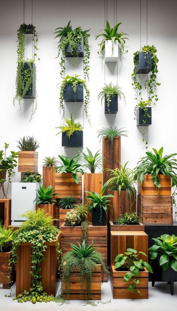 Vertical garden containers, a showcase of innovative designs and lush greenery. A well-lit studio setting with an array of diverse planters, ranging from sleek modern geometric forms to rustic wooden boxes, all meticulously arranged to create a harmonious composition. Trailing vines and leafy cascades spill over the edges, adding depth and texture to the scene. The lighting is soft and diffused, highlighting the vibrant colors and intricate details of the plants. The background is a neutral backdrop, allowing the stunning vertical garden containers to take center stage and inspire viewers to envision the possibilities for their own creative living wall solutions.