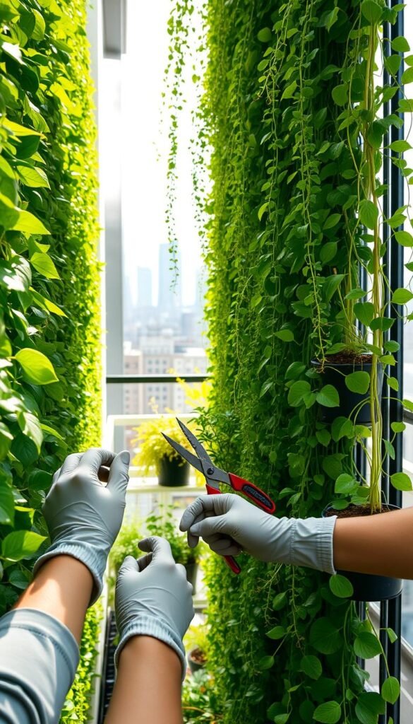 a sunny vertical garden wall, lush with cascading greenery, with close-up views of carefully maintained plants - vibrant leaves, healthy stems, and well-watered soil. In the foreground, a pair of gloved hands gently pruning and trimming the foliage, showcasing the attention and care required for a thriving vertical garden. The middle ground features a variety of potted plants, each uniquely positioned to maximize available space. The background suggests an urban setting, with a city skyline peeking through. Soft, directional lighting illuminates the scene, highlighting the verdant beauty and intentional arrangement of the vertical garden. The overall mood is one of tranquility, productivity, and a connection to nature, despite the confined urban space.
