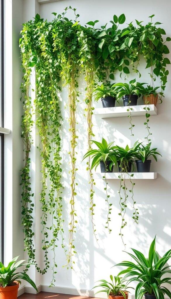 an indoor vertical garden with lush, cascading greenery, featuring a variety of trailing vines and potted plants arranged in a visually striking and harmonious composition. The plants are thriving in a well-lit, airy space with natural lighting filtering in through large windows, creating a serene and calming atmosphere. The vertical garden is integrated seamlessly into the interior design, with clean, minimalist shelving or wall-mounted planters providing a modern and sophisticated aesthetic. The overall scene conveys a sense of tranquility and biophilic inspiration, with the indoor greenery enhancing the space's visual appeal and creating a soothing, nature-inspired ambiance.