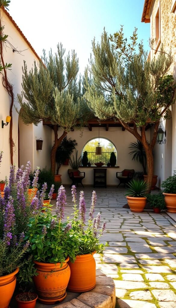 mediterranean courtyard garden design with terracotta pots and olive trees